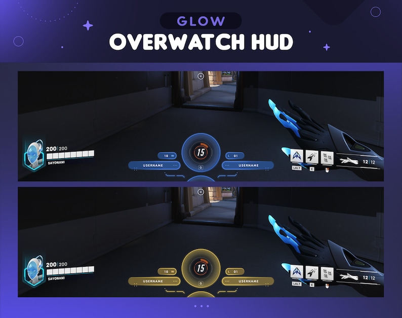 May include: A blue and white video game HUD with the text "GLOW OVERWATCH HUD" at the top. The HUD includes a player's username, health, and other game information. The HUD is set against a dark background with a blurry image of a video game scene in the background.