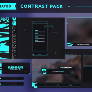Kontrast Animiertes Twitch Pack | Blaues Luftschlangen Paket | Overlays, Szenen, Übergang, Panels, Warnungen, Webcam Border