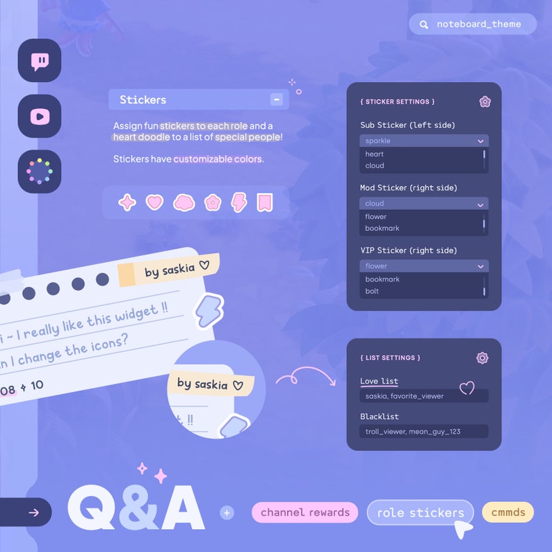 May include: A purple and blue screen with a chat interface for a Twitch stream. The screen shows a section for stickers, channel rewards, role stickers, and commands. The text "Q&A" is displayed in large letters. The text "Stickers" is displayed in a box with a list of customizable stickers. The text "[STICKER SETTINGS]" is displayed in a box with a list of settings for different types of stickers. The text "[LIST SETTINGS]" is displayed in a box with a list of settings for different types of lists.
