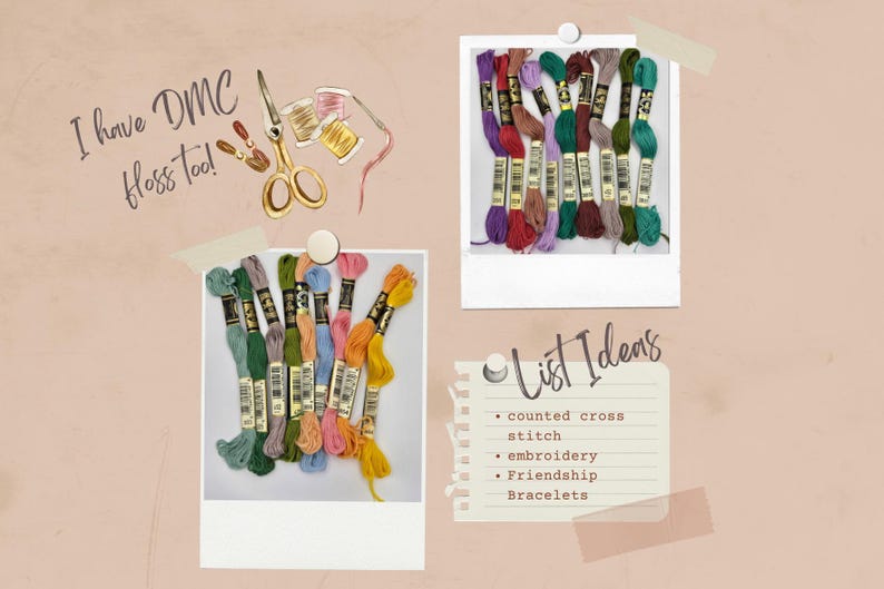 May include: An image featuring embroidery supplies, including spools of colorful DMC floss, scissors, and needles. The text "I have DMC floss too!" is visible. The image also includes a list of craft ideas: counted cross stitch, embroidery, and friendship bracelets.