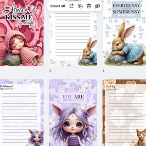 May include: A set of 10 printable digital planner pages featuring cute cartoon characters and whimsical designs. Each page has lined paper for writing notes, lists, or journaling. The themes include a witch, a bunny, a cat, and a girl with a heart.