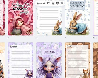 Könnte beinhalten: Ein Satz von 10 druckbaren digitalen Planerseiten mit niedlichen Comicfiguren und skurrilen Designs. Jede Seite hat liniertes Papier zum Schreiben von Notizen, Listen oder zum Journaling. Die Themen umfassen eine Hexe, ein Kaninchen, eine Katze und ein Mädchen mit einem Herzen.