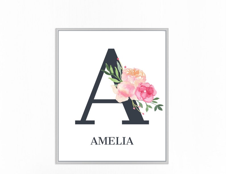 Floral Letter Name Print Custom Letter Monogram Nursery Etsy