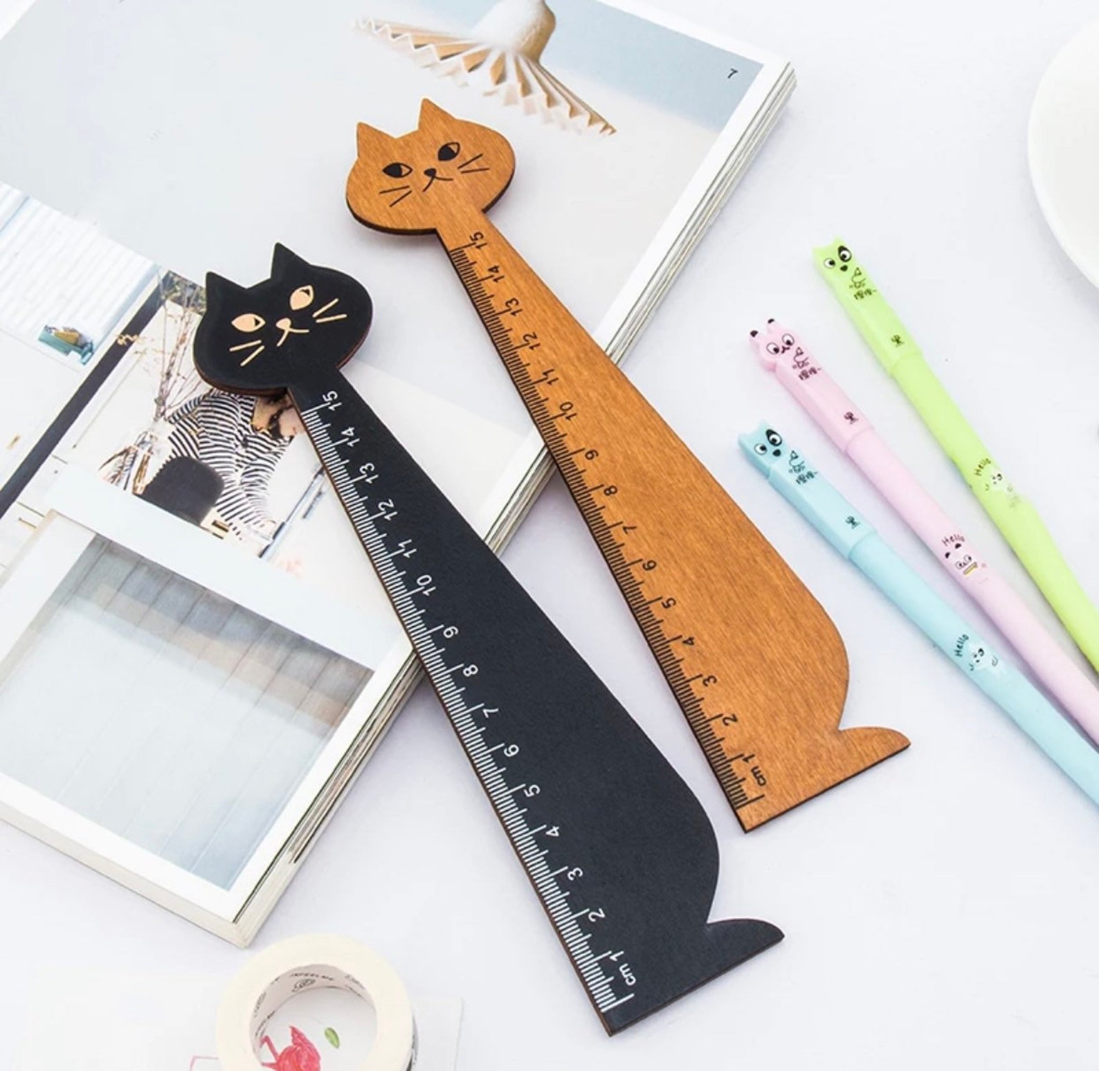 15cm Cute Cat Straight Ruler Wooden Tools Stationery Cartoon Drawing ...