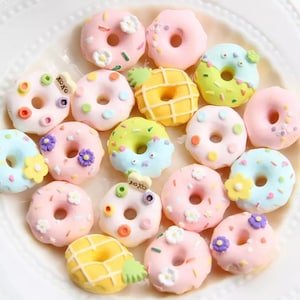 May include: A collection of 17 miniature donuts in various pastel colors with different toppings, including sprinkles, flowers, and a pineapple design. The donuts are arranged on a white plate.