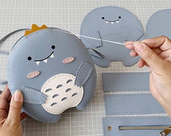Dinosaur Bag DIY Kit: Blue Leather Crossbody, Hand Sewn Gift
