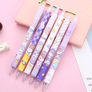 6pcs/set Cartoon Kawaii Ballpoint Pen Retractable Cute Pens 0.5mm Black Ink Ballpoint Kids School Supplies Office Stationery