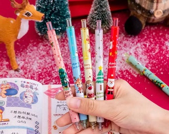 6 Süße Gelschreiber – 0,5 Mm, Schwarze Tinte, Einziehbar, Mit Weihnachtsdesign, Für Schule & Büro