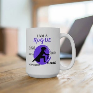 Mug I am a Rogue D&D Class Mugs en céramique de qualité supérieure de 11 oz et 15 oz, blanc et blanc avec intérieur et poignée colorés
