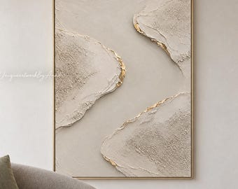 Organic Modern Wall Art, Hand Painted Textured Canvas in Cream with Gold Accents