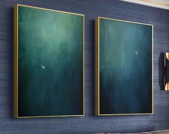 Pure Green Pure Blue Minimalist Art Set of 2 Surrealism Wall Art Blue Green Abstract Painting Blue Green Wall Decor Bird Art of Free Flying