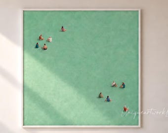 Whimsical Figurative Picnic Oil Painting Large Mint Green Canvas Minimalist Contemporary Art