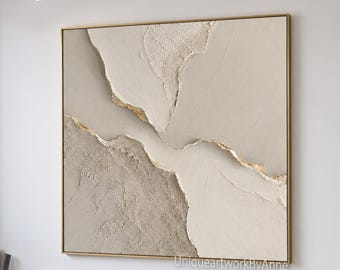 Ivory and Gold Textured Painting, Organic Abstract Wall Art, Neutral Japandi Canvas