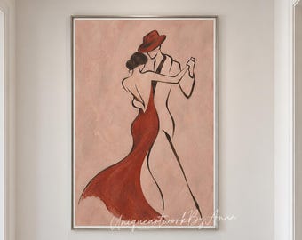 Large Abstract Tango Dancers Painting Minimalist Romantic Couple Wall Art Warm Terracotta Wall Decor