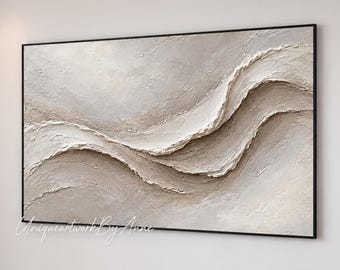 Large Textured Wave Painting, Neutral Abstract Canvas in Ivory and Taupe, Contemporary Wall Decoration