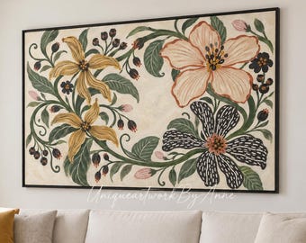 Original Floral Oil Painting, Mustard Yellow and Olive Green, Large Botanical Folk Art