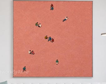 Tiny People Painting on Large Canvas, Coral Pink Textured Art, Minimalist Contemporary Wall Decor