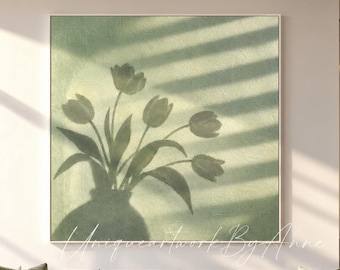 Tulip Painting in Sage Green, Minimalist Floral Wall Art with Window Shadows, Minimalist Decoration
