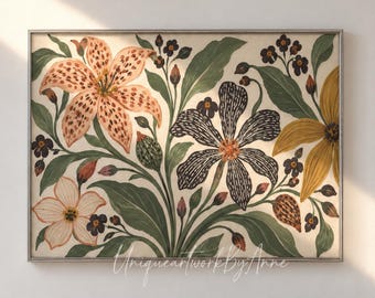 Botanical Painting on Canvas, Peach and Black Flowers, Cottagecore Floral Art