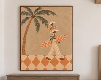Father and Child Surfer Oil Painting Mediterranean Beach Wall Art Morandi Color Wall Decor