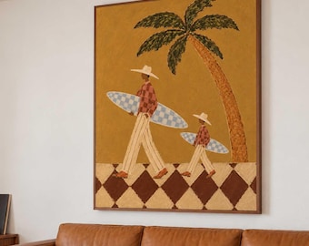 Father Son Surfer Painting Coastal Cowboy Mid Century Modern Wall Art Earth Tone Decor