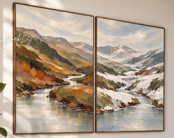 Autumn and Winter Mountain River Paintings Set, Olive Green and Blue Gray Textured Landscapes