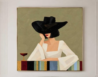 Woman with Black Hat Wine Oil Painting Contemporary Figurative Art Abstract Figure Wall Decoration