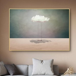 Surreal White Cloud Painting: Minimalist Beige Wall Art image 1