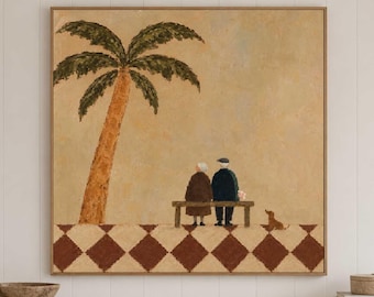 Organic Modern Couple Wall Art, Dachshund Palm Tree Oil Painting, Minimalist Figurative Artwork
