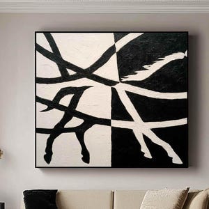 Abstract Black Horse Painting: Beige Minimalist Wall Decor