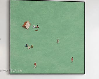 Short Family Trip Outdoor Camping Oil Painting Large Mint Green Canvas Modern Organic Decor