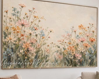 Pastel Wildflower Meadow Painting in Blush Pink, Peach and Soft Blue, Flower Landscape Art