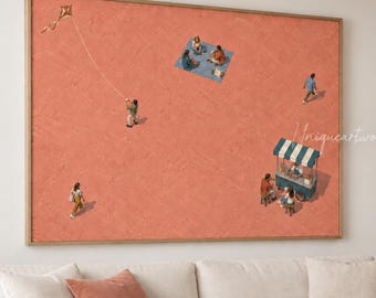 Coral Pink Picnic Painting, Tiny People and Kite Flying, Hand Painted Canvas Art