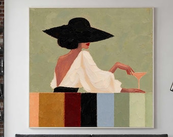Modern Woman Martini Oil Painting Boho Figurative Feminine Wall Art Organic Modern Decor