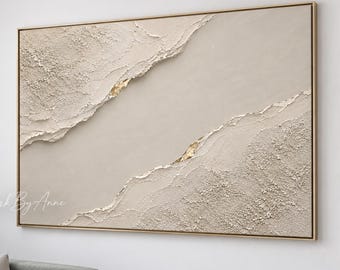 Large 3D Minimalist Abstract Painting, Hand Painted Cream Textured Canvas with Gold Accents