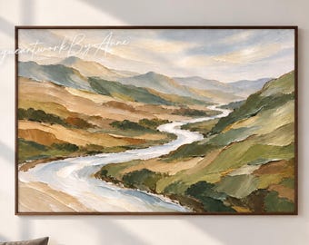 Modern Landscape Wall Art Olive Green Textured Mountain Valley and Winding Oil Painting