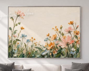 Textured Wildflower Painting, Blush Pink and Apricot Flowers, Cottagecore Wall Art