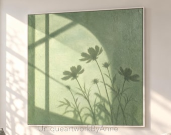 Sage Green Arch Window Floral Shadow Wall Art Soft Botanical Oil Painting Minimalist Decor
