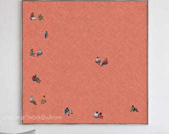 Coral Pink Figurative Painting, Tiny People, Hand Painted Square Canvas Art, Contemporary Home Decor