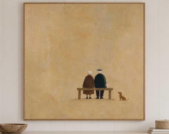 Elderly Couple & Dachshund Dog Oil Painting Brown Minimalist Figurative Art Nostalgic Bench Canvas Decor