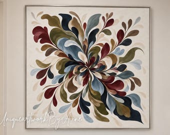 Abstract Botanical Blade Oil Painting, Swirling Leaves in Burgundy, Blue and Olive Green Canvas