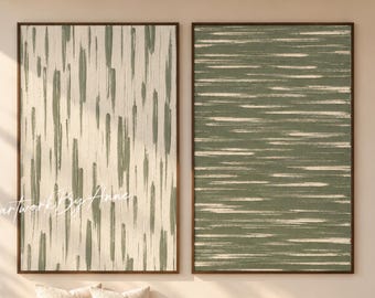 Abstract acrylic set of 2, minimalist olive green wall art, modern organic wall decor.