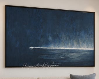 Dark Blue Horizon Oil Painting Abstract Speedboat Canvas Art Large Nautical Wall Art