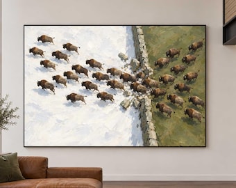 Charging Bison Herd Painting, Textured Crazy Herd Wall Art, Large-Scale Wall Decor