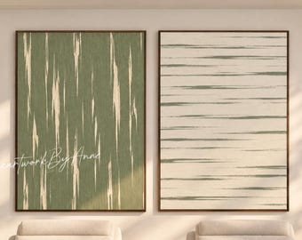 Sage Green And White Linear Wall Art Set Modern Organic Linear Abstract Painting