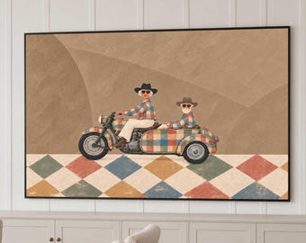 An Amusing Elderly Couple Oil Painting, Motorcycle-Riding Cowboy Couple Wall Art, Housewarming Gift