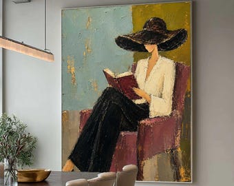 Woman Reading Oil Painting Mid Century Modern Figure Canvas Moody Abstract Female Wall Decor