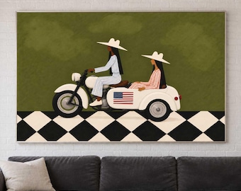 Custom Flag Western Cowgirl Wall Art, Olive Green Sidecar Motorcycle Painting, Female Friendship Artwork