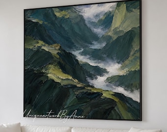 Dark Green Mountain Wall Art Foggy Valley Textured Impasto Painting Moody Nature Landscape Canvas