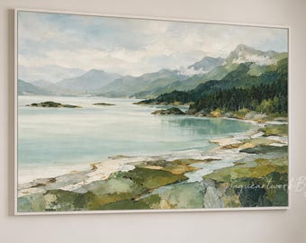 Large Mountain Lake Oil Painting, Blue Green Impressionism Abstract Landscape Art, Contemporary Villa Decoration